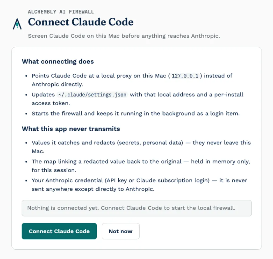 The Connect Claude Code dialog, listing what connecting does — point Claude Code at a local proxy, update ~/.claude/settings.json, start the firewall as a login item — and what the app never transmits: caught values, the map back to the original, and your Anthropic credential.